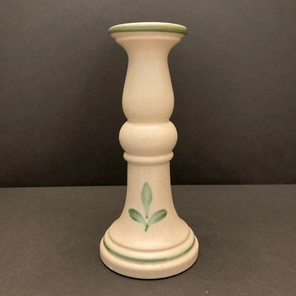 VTG Royal Haeger Beige Green Folk Design Tall Taper‎ Candle Stick Ceramic Holder